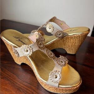 Gold Strappy Floral Cutout detail Wedge Sandals with Cork Heel